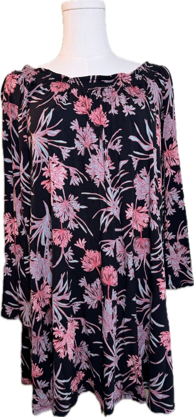 Women's Express On or Off the Shoulder Black Floral Dress Tunic, Small Petite